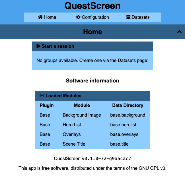 QuestScreen web UI landing page